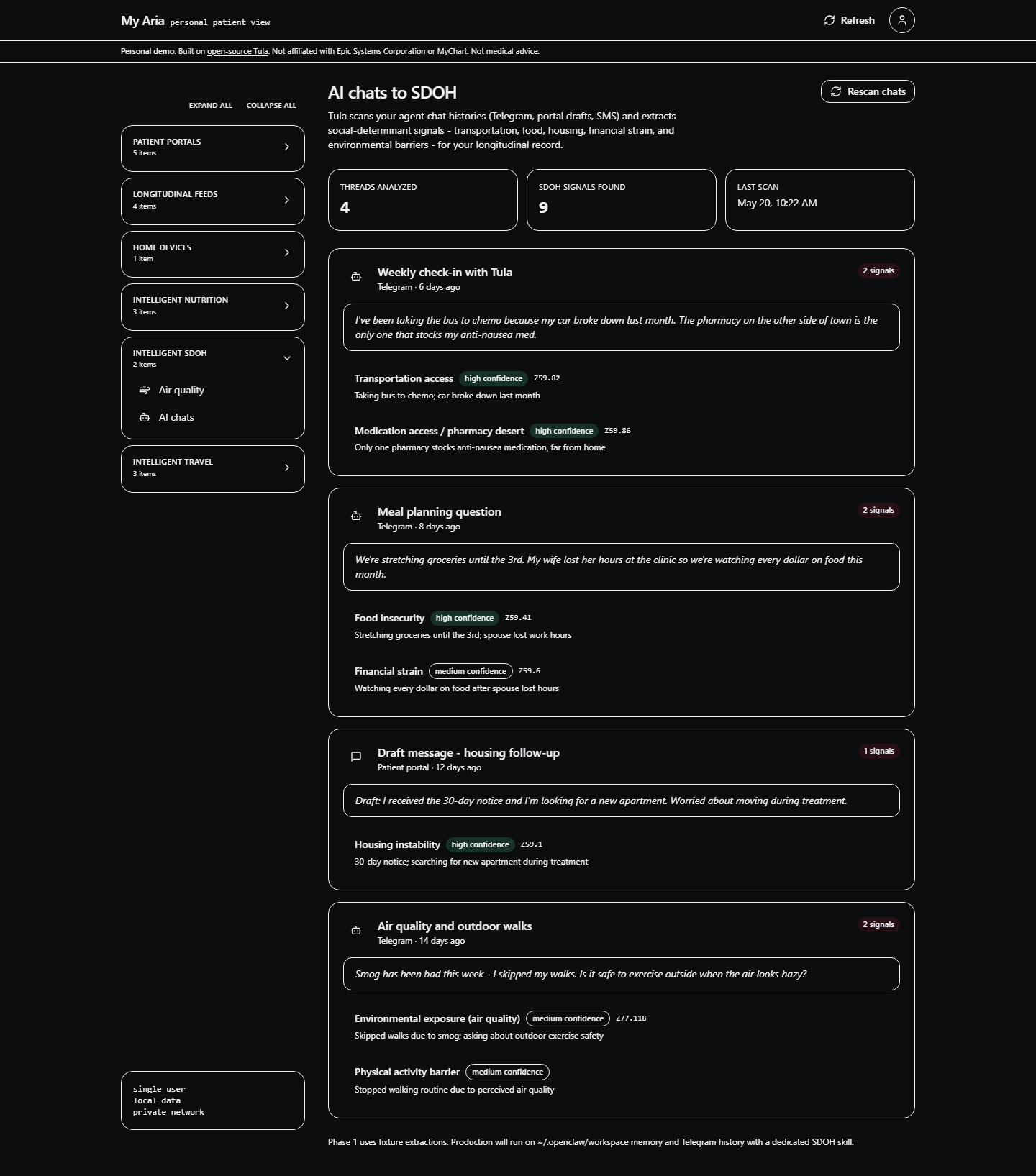 Synthetic My Aria AI chats screen